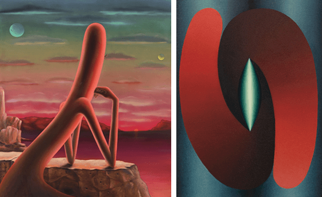 [left] Emily Mae Smith, Alien Shores, 2018. Private Collection, Artwork: Courtesy of the artist and Petzel, New York [right] Loie Hollowell, Linked Lingam in Red and Blue, 2015. Private Collection